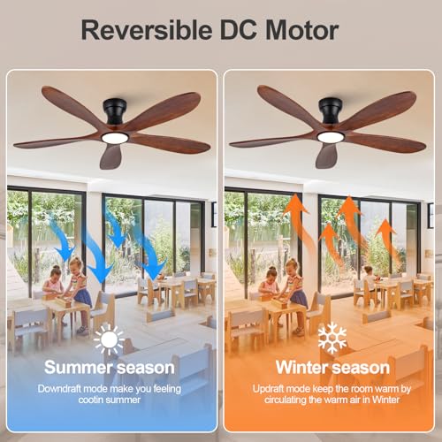 Image of 52 Inch Flush Mount Ceiling Fans with Lights and Remote, Dimmable 5 Blade Wood Outdoor Ceiling Fan Outdoor Fans for Patios Low Profile Modern Ceiling Fan with Light for Bedroom Living Room