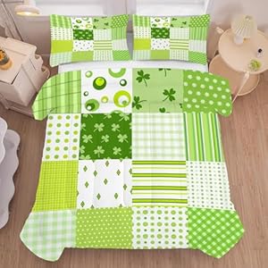 Flower Grid Dots Bedding Set Full/Queen Size Green Splice Comforter for Kids Girls Teen Bedroom Decor Quilt Bed Sets, 1 Comforter 2 Pillowcases