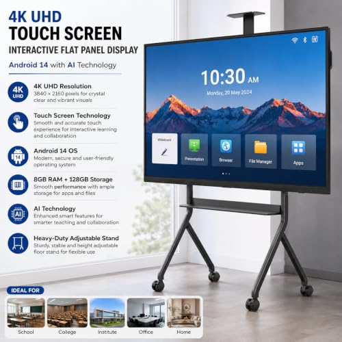 Image of 98 Inches4K UHD Touch Screen Interactive Flat Panel Display Android 14 with AI Technology, 8GB RAM+128GB Storage,with HeavyDuty Adjustable Floor Stand Ideal for School,College,Home &Office