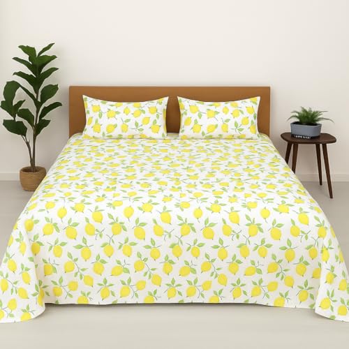 Image of King Size Bedsheet - Lemon Print - 108 x 108 Inches - Brushed Microfiber Flat Sheet with Pillow Covers - Soft, Cooling, Wrinkle & Fade Resistan
