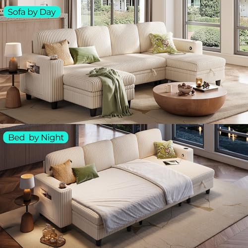Image of LINSY HOME Sectional Sleeper Sofa with Pull Out Couch Bed - Convertible Plush Corduroy Cloud Couch with Storage Chaise & USB Charging, Comfy U Shaped Modular Couches for Living Room, Beige