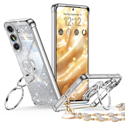 Image of XYZ for Galaxy S26 Plus Case with Stand, for Samsung Galaxy S26 Plus Case with Double Ring, Women Girls Bling Luxury Glitter Clear Phone Case Cover Heart for Samsung S26 Plus, Silver