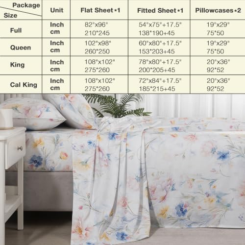 Image of Vintage Blue Floral Percale Bed Sheets Full Size Deep Pocket, 4Pcs | 100% Cotton Patterned Farmhouse Sheet Set, Peony Print Shabby Chic White Sheets, Luxury Toile Bedding, Wildflower, Soft Crisp