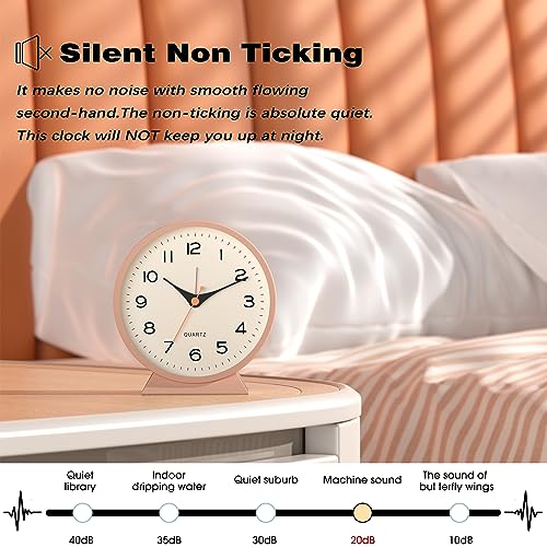 Image of AYRELY 4.5 inch Analog Alarm Clock,Small Retro Desk Clock Battery Operated,Silent Metal Table Clock with Light for Living Room Decor,Bedroom,Bedside,Shelf(Light Pink)