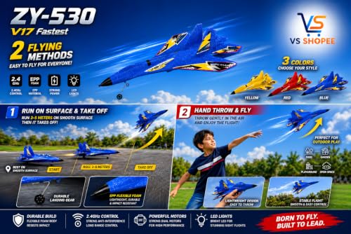 Image of ZY-530 RC Fighter Jet, 2.4GHz Radio Control Airplane, EPP Foam, LED Lights, 6-Axis Gyro, 44x32x13 cm, for Kids & Beginners