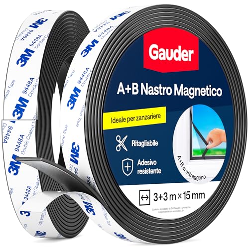 GAUDER Nastro Magnetico A+B per Zanzariere - Strisce Magnetiche Autoadesive con Forte Attrazione Reciproca - Nastro Magnetico con Contropartita & Adesivo Potente (3+3 m)