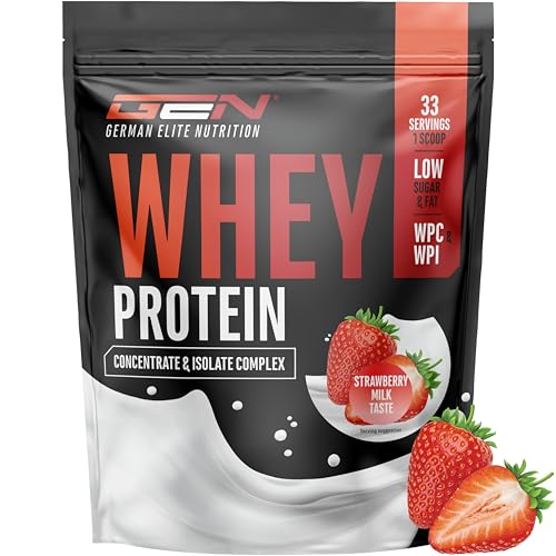 Whey Protein Complex-1000 g (Leche de Fresa) - Con parte de aislado - Proteína instantánea con BCAA y EAA - German Elite Nutrition