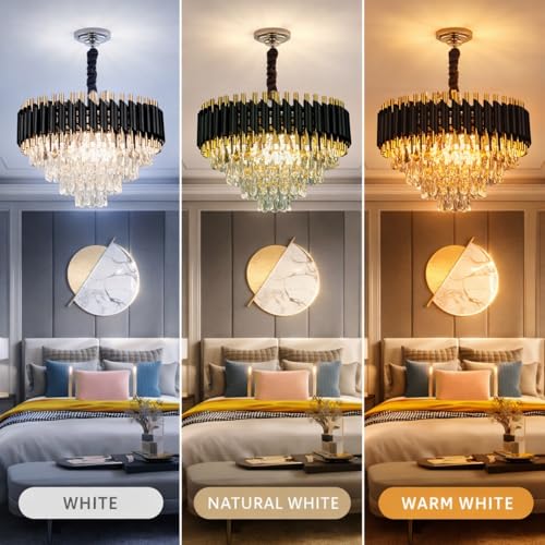 Image of One94Store Modern Crystal Chandelier Ceiling Light 500mm, Tricolour LED (Warm, Cool & Natural White), Luxury Black & Gold Decorative Jhumar for Living Room, Dining Hall & Bedroom