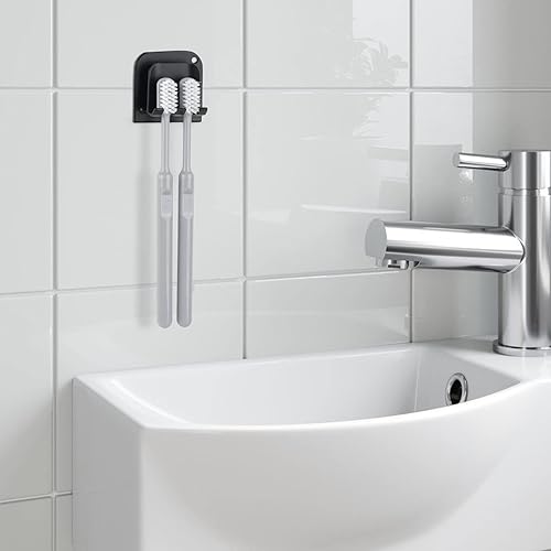 Miniatura 6 de Linkidea Paquete de 2 soportes para cepillos de dientes montado en la pared, 2 ranuras para cepillos de dientes sin perforaciones, soporte para
