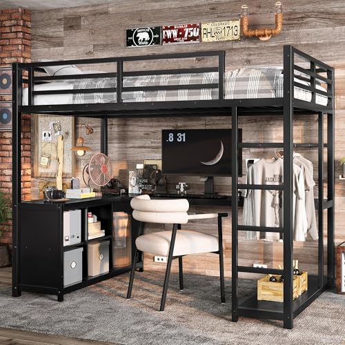 Image of Bellemave Twin Size loft Bed with L Desk, Wardrobe, Metal Twin Loft Bed Frame for Adults, Kids, Teens, Black