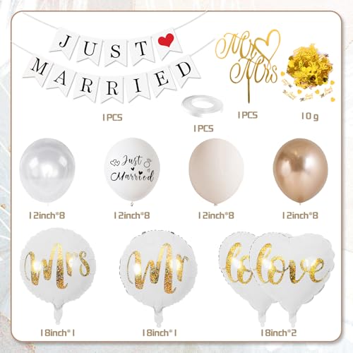 Dekoracje ślubne Just Married, baner Just Married Balony Balony Pan i Pani Balony Ślubne Konfetti Dekoracje Tort Weselny Miłość Balony Foliowe na ślub Ślubny Rocznica Dekoracja