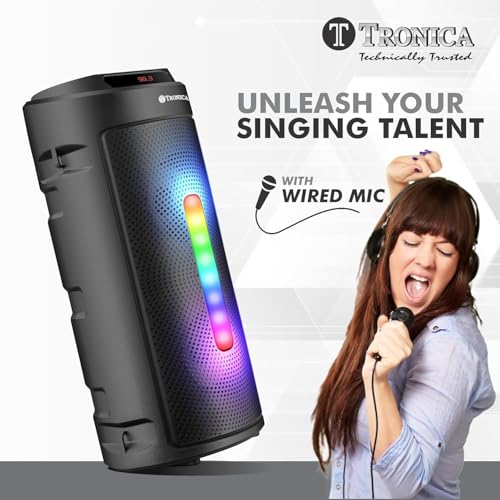 Image of Tronica Cyclone 4 Upgraded 30W Bluetooth Party Speaker with Dual Woofer, Enhanced Sound Circuit, RGB Lights, Wired Mic for Karaoke, 1800mAh Battery, Auto TWS, FM Radio, USB, SD Card & Remote (Black)