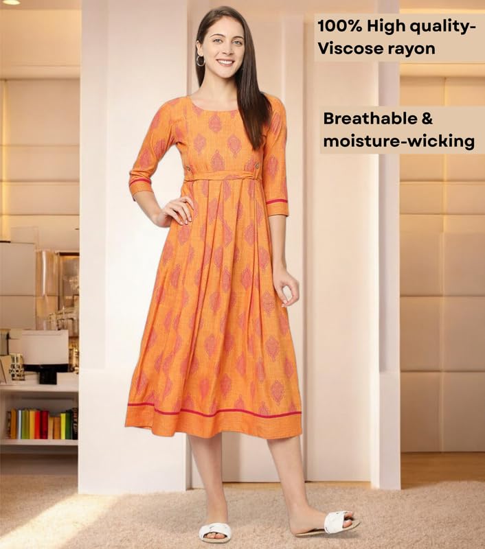 Image of DUMMY SHAPE Maternity Dresses for Women Cotton Rayon | Peach Printed Feeding Flare Kurta with Dual Nursing Zippers to Breastfeeding | Pre & Post Pregnancy | Gift for Pregnant Woman (D-M-P055 XL)