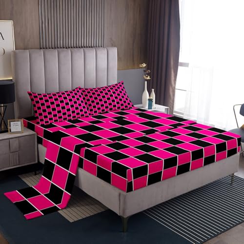 Image of Erosebridal Hot Pink Black Grids Bedding Set Queen Geometric Checkered Bed Sheets Aesthetics Plaid Gingham Sheet Set Kids Boys Girls,Soft Lightweight Fitted Top Sheets 4 Piece