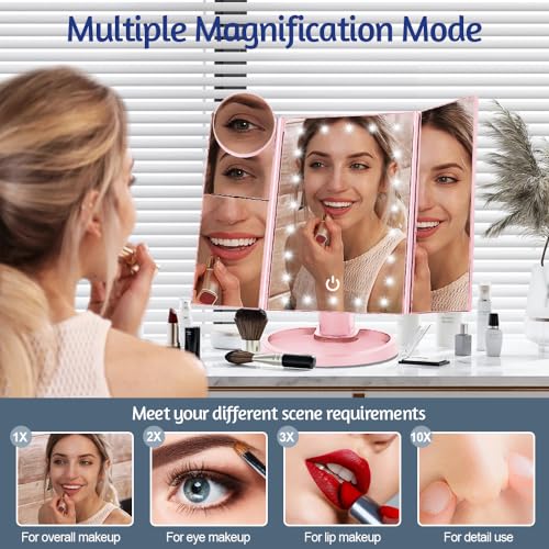 Lighted Makeup Mirror with 22 LED Lights, Dual Power Supply 1x/2x/3x/10x Magnifying Touch Screen Dimmable Mirror, 180 Degree Adjustable Angle, Travel Cosmetic Mirror - Pink - Image 2