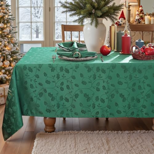 SASTYBALE Christmas Tablecloths for Rectangle Tables, SpillProof Jacquard Holly Berry Leaves Table Cloth, Heavyweight Table Cover for Winter, Holiday, Dinner Decor (Rectangle, 52" x 70", Gre