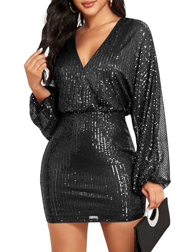 ZAFUL Women's Sequin Saprkly Mini Dress Long Sleeve Homecoming V Neck Bodycon Dress Party Prom Cocktail Glitter Dress