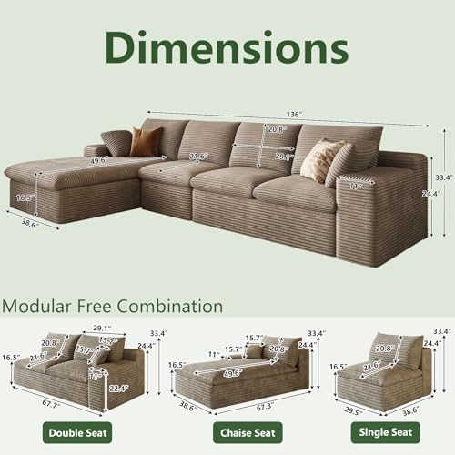 Image of 136 inch Cloud Couch Modular Sectional Sofa for Living Room, L-Shape Boneless Couch with Deep Seat, Modern Corduroy 4-Seater, No Assembly Required (Camel,Left-Facing Chaise)