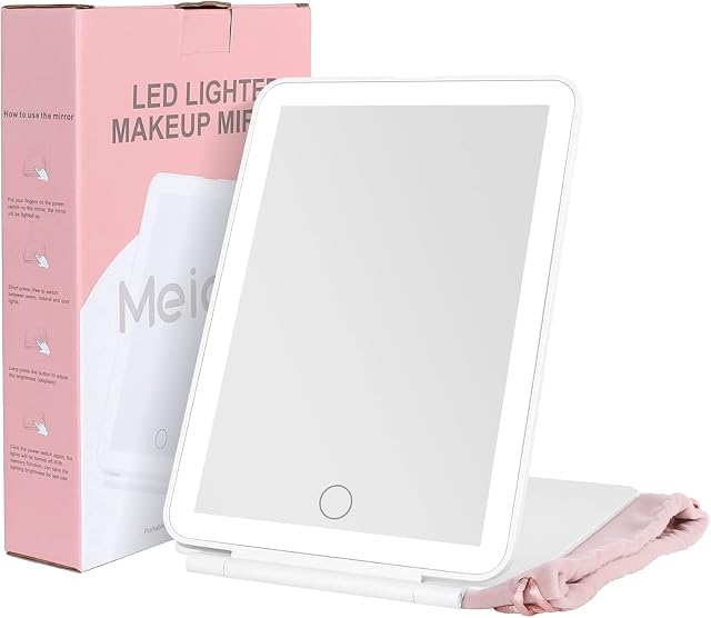 Meidom Travel Mirror with Lights Foldable Lighted Makeup Mirror with 72 LED Beads 3 Colors Light, Touch Screen Dimmable USB Rechargeable Compact Vanity Mirror for Travel, for Women