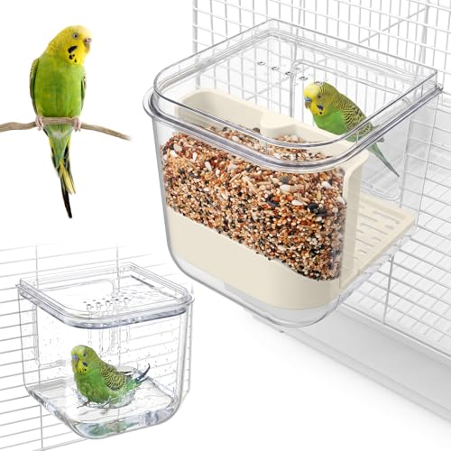 No Mess Automatic Bird Feeder with Hooks Hanging 2 in 1 Bird Bath for Cage Multifunctional Bird Food Container Bathing Tubs Parrot Seed Feeders Bird Cage Accessories for Budgies Lovebirds Cockatiels