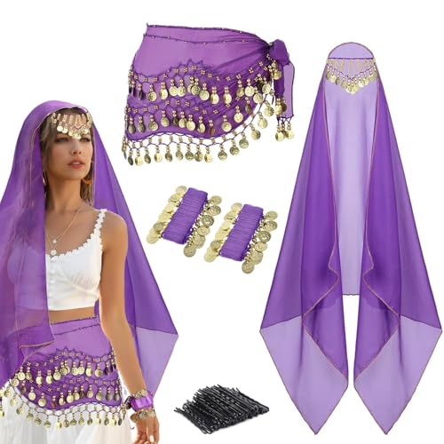 4Pcs Belly Dance Outfit Sets Belly Dance Chiffon Hip Scarf with Coins Gypsy Head Scarf with Coins 2 Coin Wrist Bracelet 50 Pcs Bobby Pins for Women Girls Birthday Rave Costume Accessory (Purple)