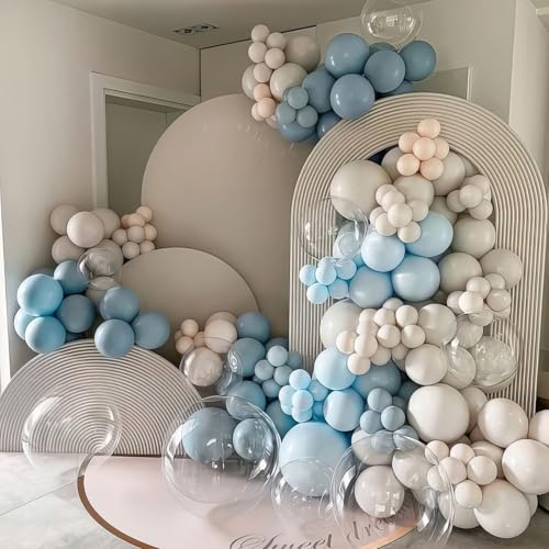 Image of Dusty Blue Balloons, Dusty Blue and Gold Balloons, Baby Shower Balloon Fog Cream Ivory White Champagne Gold Balloon for Boho Birthday Boys Girls Party Wedding Bridal Shower Decorations