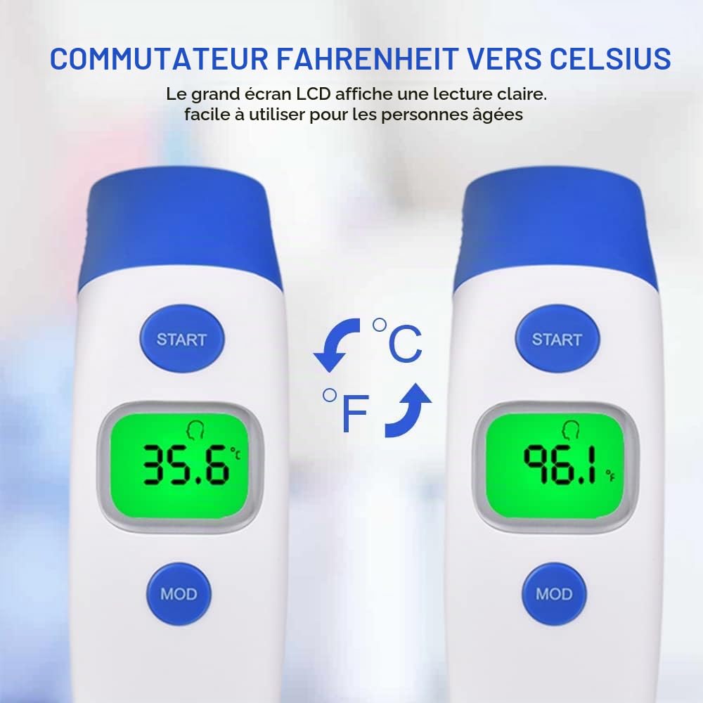 Thermomètre Frontal et Auriculaire, Berrcom Thermomètre Médical pour Enfants et Adultes, Thermomètre Numérique Infrarouge sans Contact avec Alerte Fièvre, Mesures Rapides et Précises