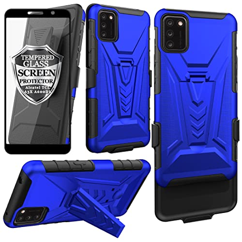 Ailiber Compatible with Alcatel TCL A3X A600DL Case, Alcatel TCL A3X Case Holster with Screen Protector, Swivel Belt Clip Holster Kickstand Holder, Heavy Duty Full Body Cover for Alcatel TCL A3X-Blue