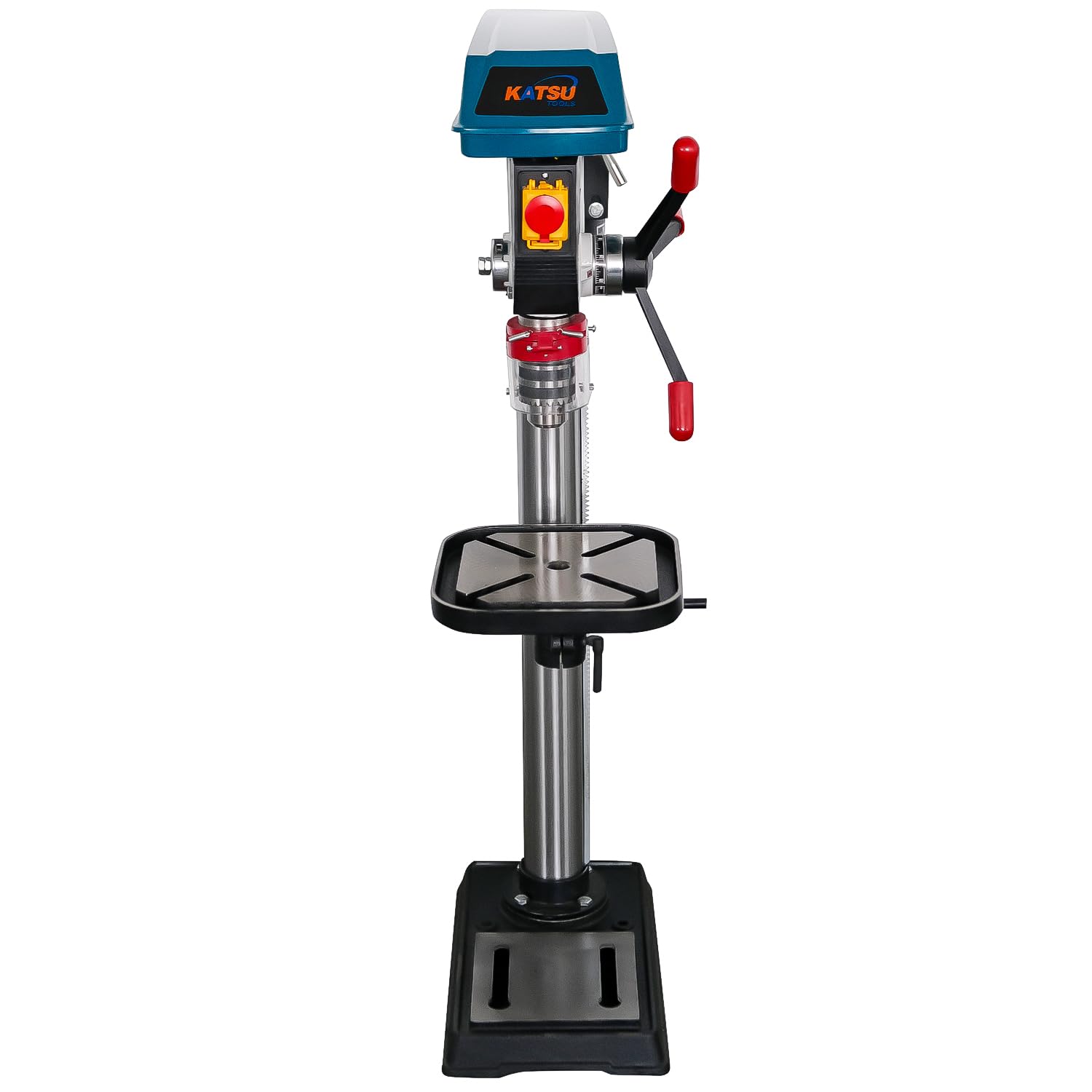 KATSU Tools Prensa de taladro de pilar de banco industrial de 900 W + portabrocas de 20 mm + interruptor electrónico de velocidad variable de 12 velocidades + profundidad máxima de perforación de 85