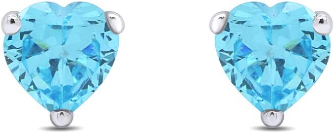 Birthstone Heart Stud Earrings for Women 5MM Simualted Gemstone Studs in 14K White Gold Plated 925 Sterling Silver Push Back Earrings Jewelry Gift for Her