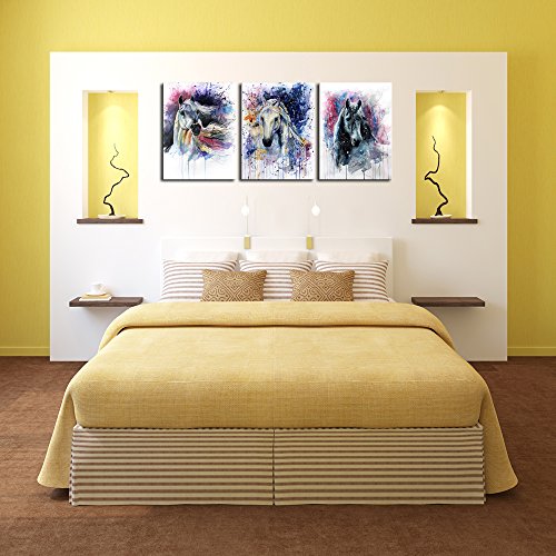Dzl Art D70234 Canvas Wall Art Horse Animal Painting Prints On Canvas Framed Ready To Hang-3 Panels Watercolor Horses Prints Fine Art For Home Wall Decor #TOP5