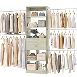 Besiost Closet System, 4-8 FT Closet Organizer Tower with 2 Wooden Drawers and Shelves, Can Fit 60 to 96 inch Walk-in Closet System with 5 Hang Rods, Built-in, Greige Oak