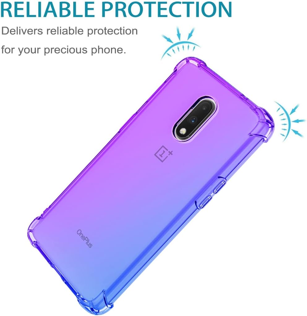 OnePlus 6T/7 Case with Tempered Glass Screen Protector, Cute Clear Gradient Slim Shockproof TPU Back Phone Protective Cover for OnePlus 6T/7 (Purple/Blue) image 2