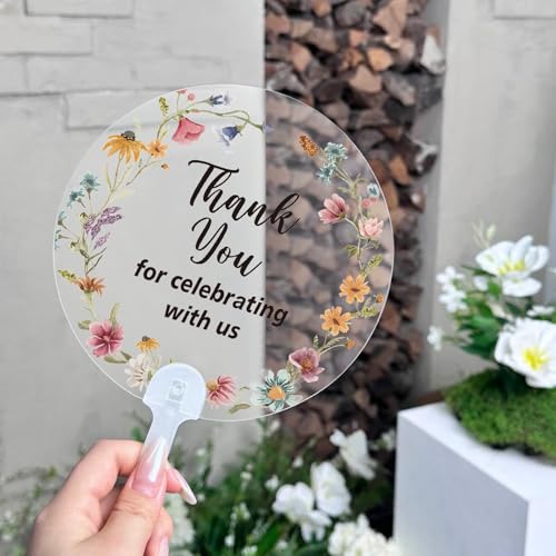 Image of Geelin 50 Pcs Wildflower Wedding Fans for Guest Transparent Acrylic Baby Shower Bridal Shower Handheld Favor Fans for Summer Wedding Bridesmaid Gift for Hot Outdoor Ceremony
