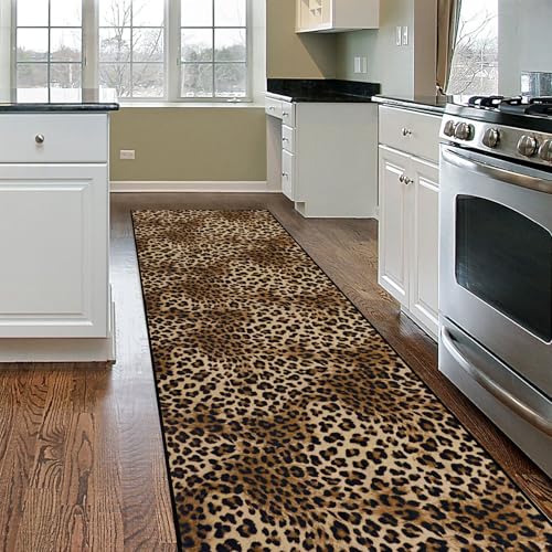 Aukib Leopard Rug 2x8 Modern Print Hallway Runner Rug with Rubber Backing Washable Non-Slip Runner Rugs for Bedroom Kitchen Living Room Indoor Decor(2x8ft,Brown)
