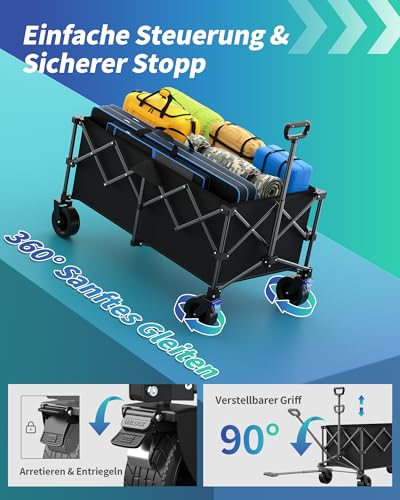 Kitsure 230L Bollerwagen faltbar 200KG Belastbar – Handwagen mit verstellbarem Griff, Offroad-Rädern, Transportwagen für Camping, Garten, Strand & Einkäufe, Schwarz, 115×60×96cm