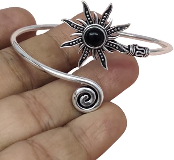 Silver Sunburst Arm Cuff, Black Onyx Stone Boho Upper Arm Bracelet, Spiral Arm Cuff, Gemstone Armlet, Sun Bohemian Jewelry Gift