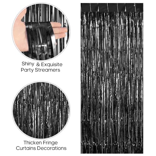 Image of 2 Pack Fringe Curtains Backdrops, Foil Fringe Curtains, Door Streamers for Birthday Wedding Bridal Shower Holiday Graduation Party Decorations, Photo Booth Backdrops, Black