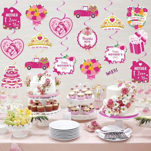 Image of 40Pcs Mother's Day Decorations Hanging Swirls, Double Sided Mother's Day Hanging Decorations Best Mom Ever Ceiling Hanging Foil Swirls for Mothers Day Party Decor