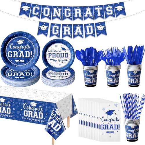 Graduation Party Supplies Congrats Grad Plates and Napkins Set Disposable Paper Plates Napkins Tablecloth Banner Cups Knives Spoons Forks for Class of 2024 Graduation Party Decorations Serve 50 (Blue)