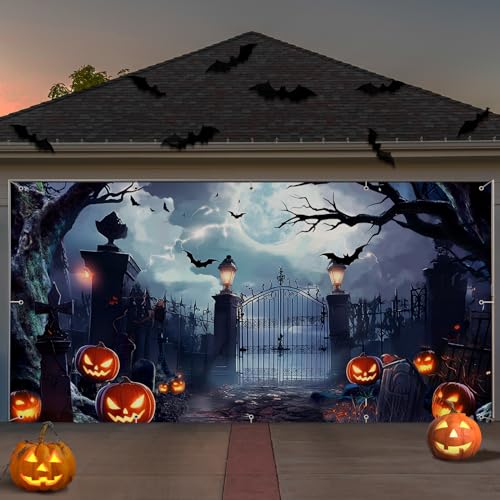 Preboun Halloween Garage Door Banner Large Hanging Backdrop Door Cover Halloween Garage Wall Decorations for Outdoor Holiday (8 x 16 ft)