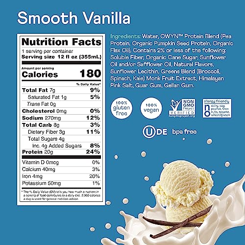 OWYN Only What You Need Plant Based Protein Shake, 20g Vegan Protein from Organic Pumpkin seed, Flax, Pea Blend, Prebiotic supplement, Superfood Greens, all-in-one nutrition, Gluten & Soy-Free (Vanilla, 12 Pack)