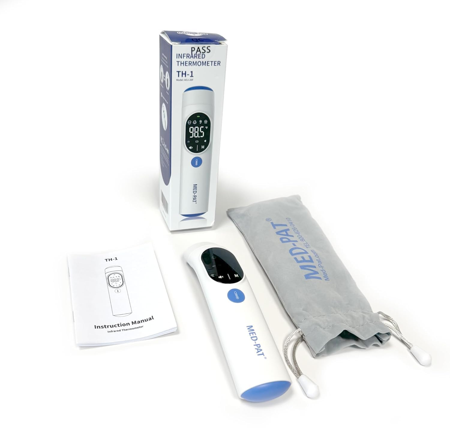 Med-Pat TH-1 - Termometro digitale touchless a infrarossi, risultato in 1 secondo, per bambini, adulti, allarme febbre temperatura, colore HD, modalità fronte e orecchio, luce automatica e modalità