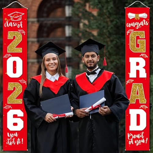 Image of Graduation Decorations 2026 Banner Porch Sign Red Gold for Class of 2026 Graduates Party Supplies