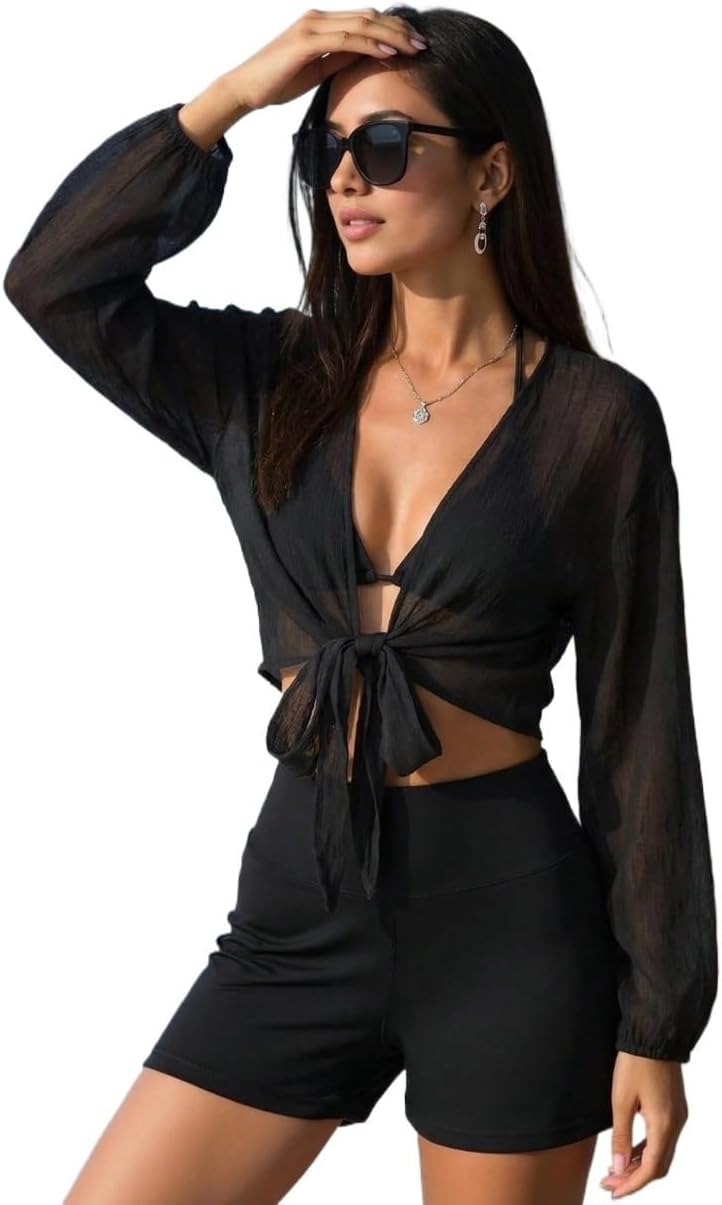 Womens Summer Beach Solid Bishop Sleeve Knot Hem Kimono cover ups for swimwear
