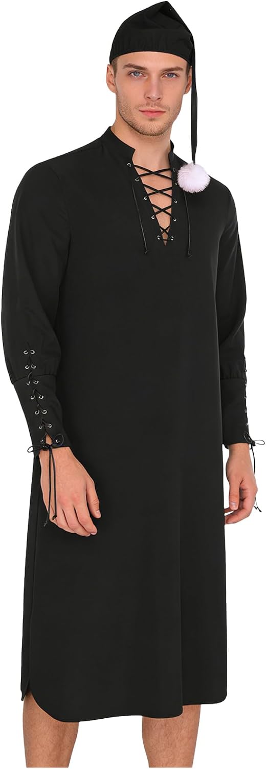 Jhaoyu Mens Victorian Style Sleepwear Renaissance Lace-up V Neck Long Sleeve Nightshirts with Hats