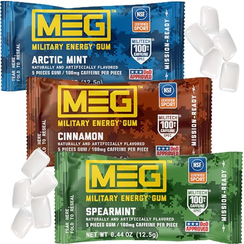 MEG - Military Energy Gum - Multi Flavors | 100mg Caffeine Per Piece for Physical Performance Energy Boost for Workouts Alternative to Energy Drinks | NSF for Sport Certified - Pack of 3 (15 Count)