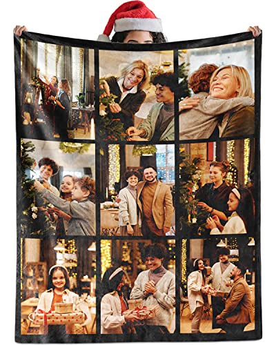 Yoke Style Custom Photo Blankets for Mom, Christmas Customized Throw Blankets with Pictures, Personalized Birthday Gifts for Mother in Law, Kids, Grandma - 9 Photos Collage