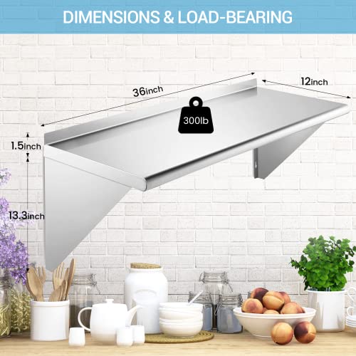 Chingoo Stainless Steel Shelf 12" X 36" - 2 Pack 300 Lb Wall Mounted Commercial Stainless Steel Shelves Metal Shelving For Restaurant, Bar, Utility Room, Kitchen And Garage #TOP2