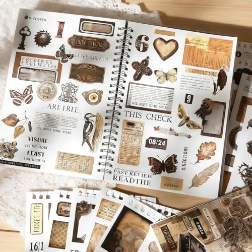 Image of HASTHIP 595PCS Pre Cut Vintage Stickers Book, 50 Sheets Brown Washi Scrapbooking Ephemera for Journaling, Junk Journal Supplies DIY Crafts Stickers